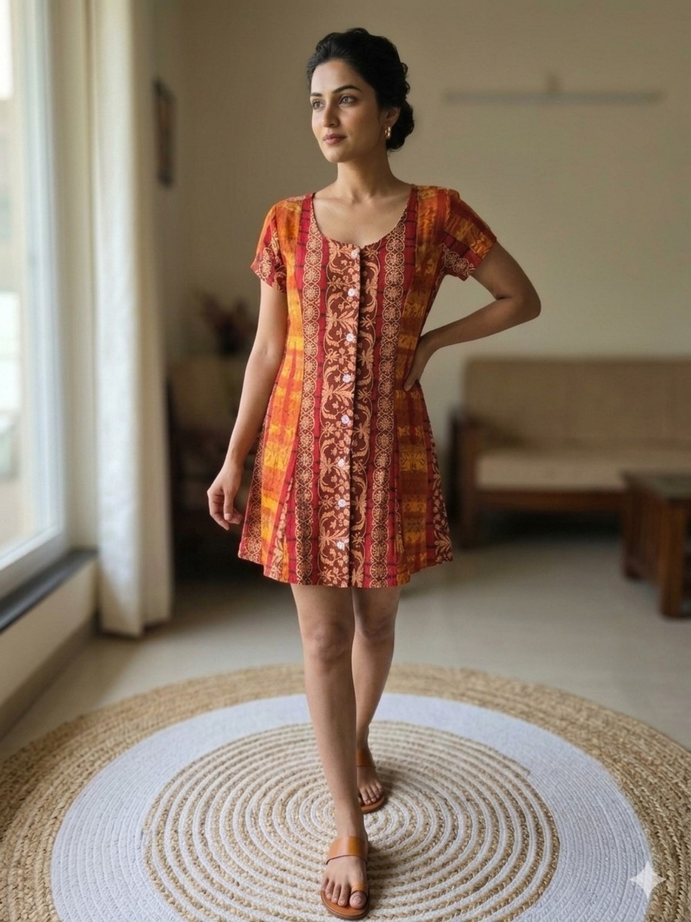 Vintage 90s Red & Gold Patterned Button Mini Dress Soft Grunge Whimsigoth Boho S